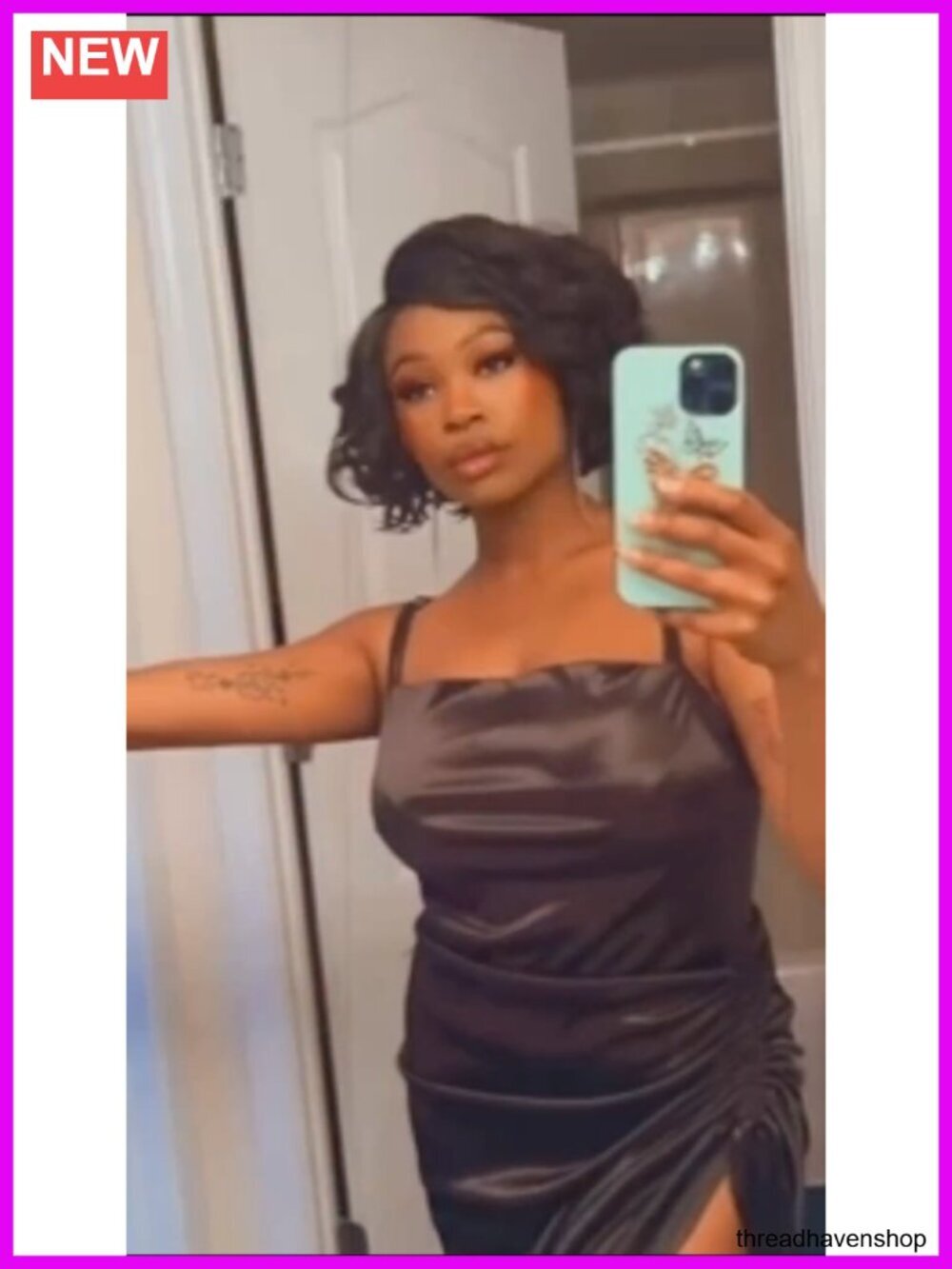 Satin Spaghetti Strap Bodycon Dress Backless Drawstring Ruched Split - Picture 4 of 6